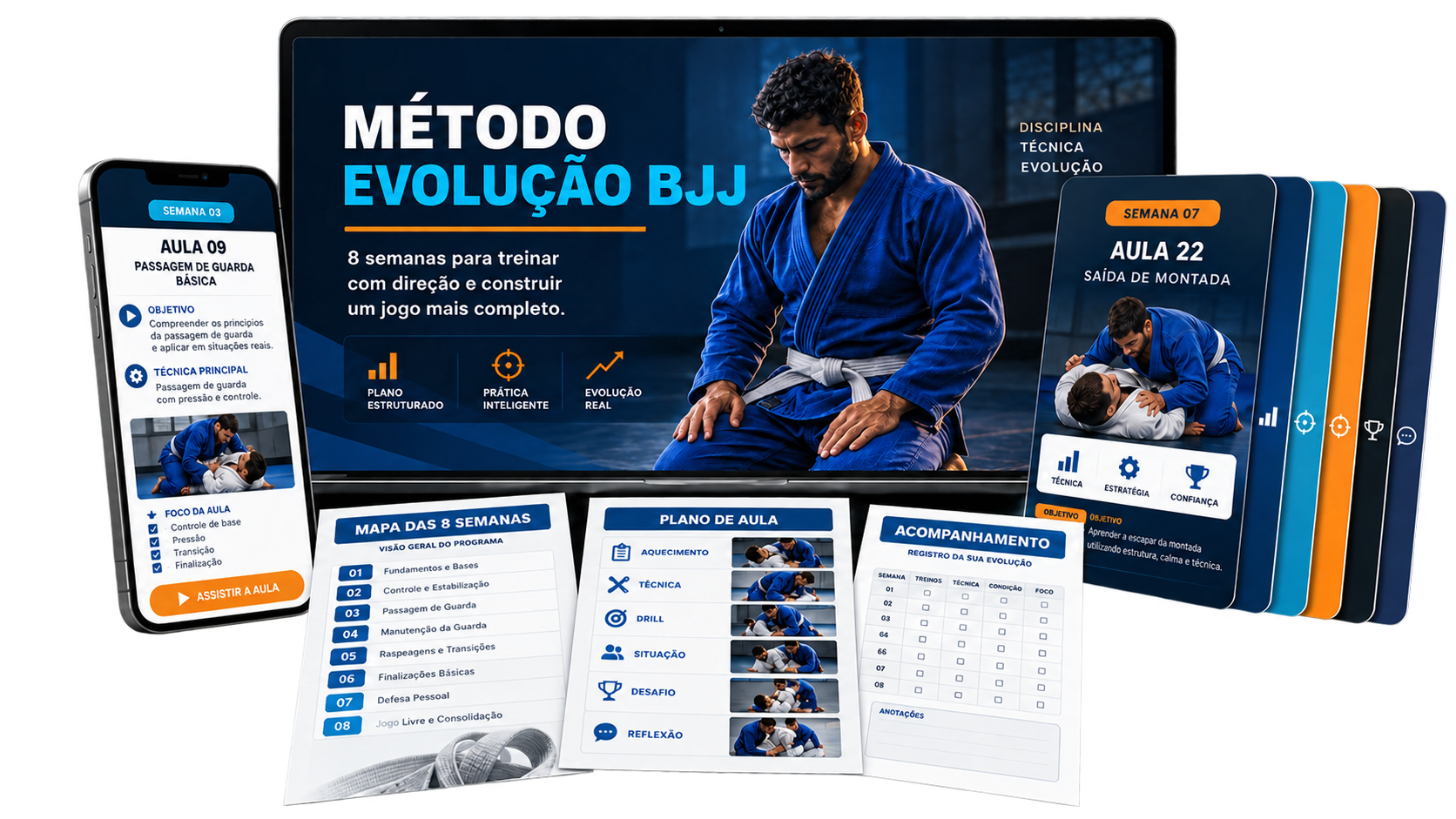 Mockup do Método Evolução BJJ com notebook, celular e materiais de treino